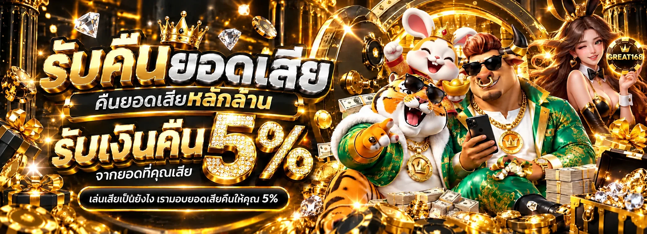 แบนเนอร์เกมสล็อต GREAT168 พร้อมตัวละครแฟนตาซีสีทอง